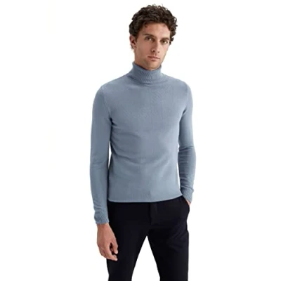 Afbeelding van DeFacto heren gebreide trui lange mouwen ronde hals sweater slim fit voor tops (LT.Blue, XXL), blauw, XXL