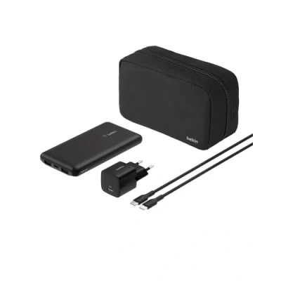 Afbeelding van Belkin Draagbare Oplader, 4 in 1 oplaadbundel met een 10000 mAh power bank, 25 W USB C wandlader, 60 kabel en opbergtasje snellader voor meerdere apparaten, compact, op reis