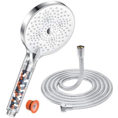Afbeelding van Filterdouchekop en slang met 1,6 m YEAUPE PRO Power doucheslang kop lagedrukwaterontharder douchekop, grote universele elektrische douchekop voor hard water, wit