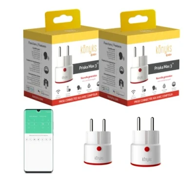 Afbeelding van Konyks Priska Max 3 FR Dual Pack WiFi + BT, geavanceerde functies V3, 16 A, verbruiksmeter, compatibel met Alexa en Google Home &amp; Tuya, 2 stuks, wit rood