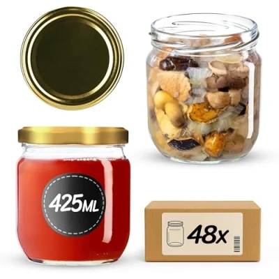 Afbeelding van KADAX jampotten, 425 ml, inmaakpotten met schroefdeksel, potten schroefsluiting, voorraadpotten voor jam, honing (goud, 48 stuks)