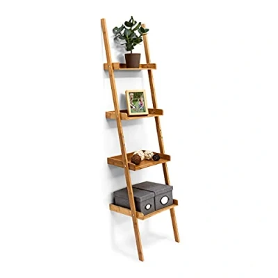 Afbeelding van Relaxdays ladderrek bamboe, 4 planken, badkamer, staand rek, hoog, hout, smal, HxBxD 176 x 44 37 cm, natuurlijke kleur