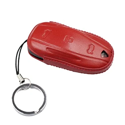 Afbeelding van M.JVisun Echt Leder Sleutelomhulsels Autosleutel Cover Hoesje Voor Tesla Model 3 / S/Voor Y Rood