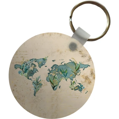 Afbeelding van Sleutelhanger Wereldkaart Vintage Planten Plastic Rond Uitdeelcadeautjes