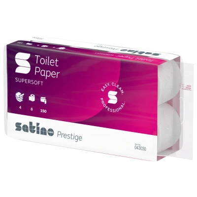 Afbeelding van Satino Toiletpapier 4 laags, verpakking met 8 extra zachte wc rollen papier, premium papier Prestige, hoogwit en bijzonder aangename cellulose