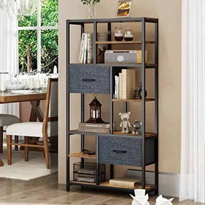 Afbeelding van YITAHOME Boekenkast, 7 laags boekenplank met laden vloerstaande boekenplank, industriële rekken, opbergrek stalen frame voor woonkamer, kantoor, studeerkamer, hal, keuken, rustiek bruin