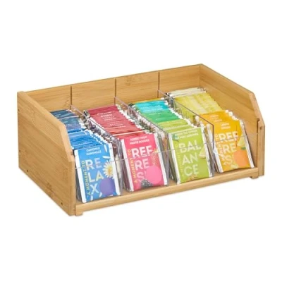 Afbeelding van thee organizer 4 vaks uitneembare schotjes theedoos bamboe