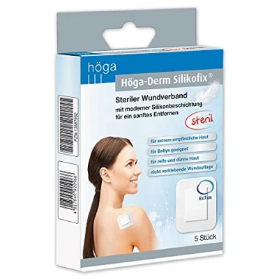 Afbeelding van Höga Derm Silikofix 6 cm x 7 cm, steriele wondverband (plaster) met moderne siliconen coating voor zacht verwijderen, 5 stuks