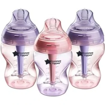Afbeelding van Tommee Tippee Geavanceerde anti koliek fles, 260 ml, langzaam stromende zuignap voor een natuurlijke grip, drievoudig geventileerde toverstaf, 3 stuks, violet