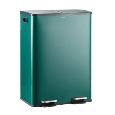 Afbeelding van CASABEL Keuken Prullenbak 60L 2x30L Duo Afvalemmer met Pedaal Afvalscheiding 2 Vakken Soft Close Deksel Roestvrij Staal (RVS) Vuilnisbak Vingerafdrukvrij Donkergroen
