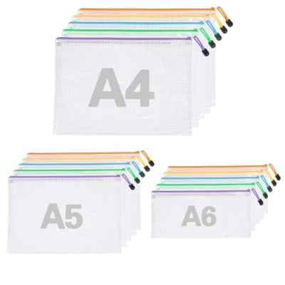 Afbeelding van 15 stuks documentenhoesjes A4 A5 A6 5 kleuren, Waterdichte documentenhoesjes, Transparante ritssluiting voor dossiers, cosmetica, kantoorbenodigdheden, reizen documententas