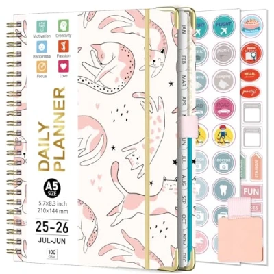 Afbeelding van Gumiho Weekkalender 2025 2026, spiraalbinding, A5 planner (juli juni 2026), 12 maanden, schoolagenda met penlus en planstickers (roze kat)