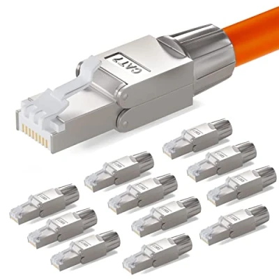 Afbeelding van hb digital CAT.7 RJ 45 netwerkconnector NS 7 naar snijklem (LSA), vergulde contacten, LAN Gigabit connector, krimpen zonder gereedschap voor patchkabels CAT8, CAT7, CAT6a DSL internet STP, 12 stuks