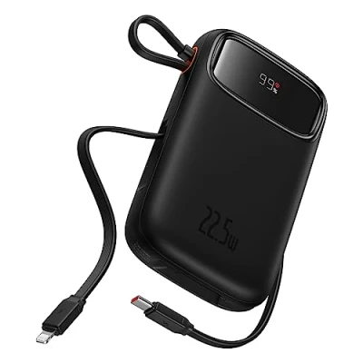 Afbeelding van Baseus 10.000 mAh Powerbank Fast Charge 20W USB C &amp; A Reisformaat Met Display Zwart Universele voor o.a. Samsung / iPhone Geintegreerde en Lightning Kabel