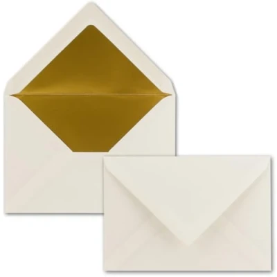 Afbeelding van enveloppen in natuurlijk wit, 10 stuks, DIN C6 (114 x 162 mm), 11,4 16,2 cm, natte plakrand, mat oppervlak en goud metallic voering, zonder venster, voor uitnodigingen