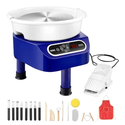 Afbeelding van VEVOR Elektrische pottenbakkersmachine, 280 mm, 450 W, met pedaal, touchscreen, LCD, mini draaibank 3 steunpoten, snelheidsbereik van 50 300 omw/min, voor keramische handwerk, blauw