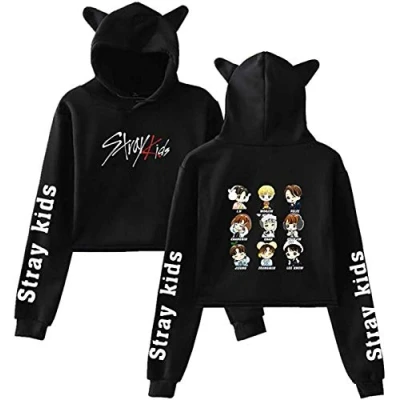 Afbeelding van Verdwaalde Kids Sweatshirt Leuke Kat Oor Trui KPOP Blootgestelde Navel Pullover Casual Lange Mouw Jumper Gedrukt Crop Top Lovely Hoodie Bang (Color : 1, Size M)