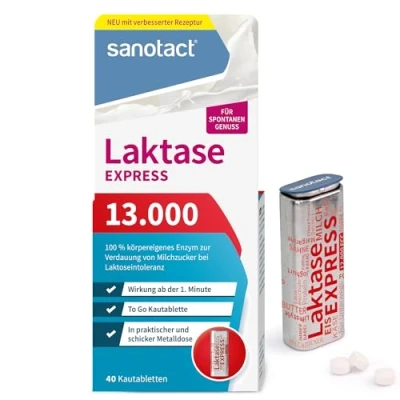 Afbeelding van sanotact Lactase 13.000 EXPRESS (40 lactasetabletten) lactose tabletten met onmiddellijke werking Bij intolerantie en melkintolerantie Voor spontaan genieten van zuivelproducten