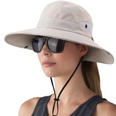 Afbeelding van DRESHOW Vrouwen Zonnehoed UV bescherming Hoed Opvouwbaar Mesh Brede Rand Visserij Paardenstaart Strand Emmer Hoeden met Bril