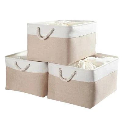 Afbeelding van Mangata Jumbo Opbergdoos, set van 3 stuks, canvas stoffen opbergmanden met handgrepen voor kasten, kledingkast, planken, badkamer, kleding, speelgoed, handdoek (opvouwbaar, 50 x 40 30 cm, kakig)