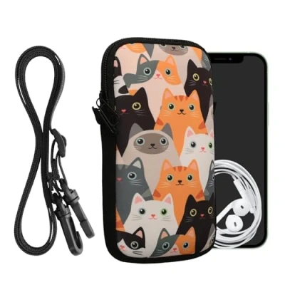 Afbeelding van kwmobile Tasje voor smartphones L 6,5&quot; Hoesje van neopreen in oranje / zwart wit Phone case met nekkoord Katten design