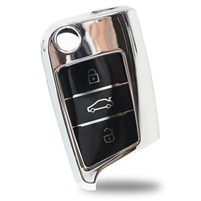 Afbeelding van Finest Folia Autosleutelhoes voor 3 toetsen, TPU beschermhoes, chroom, hoogglans, sleutelhoes, cover, auto accessoires VB, chroom zilver