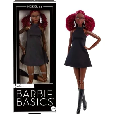 Afbeelding van Mattel Barbie Basics Model 03, verzamelpop met rood krullend haar, zwarte minijurk en laarzen, outfit universele pasvorm, lang lichaamstype, beweegbaar, verwisselbaar poppenhoofd, JBH75