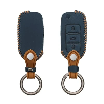 Afbeelding van kwmobile Autosleutel hoesje geschikt voor VW Skoda Seat 3 knops behuizing in marineblauw / lichtbruin