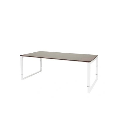 Afbeelding van Domino Plus vergadertafel, hoogte instelbaar (62 85cm) met 200x100cm &#039;zwevend&#039; logan eiken 25mm blad en wit (RAL9010) O poot frame