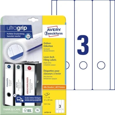 Afbeelding van Avery Zweckform Ordneretiketten L4759 10 61 x 297 mm Papier Wit Permanent hechtend 30 stuk(s)