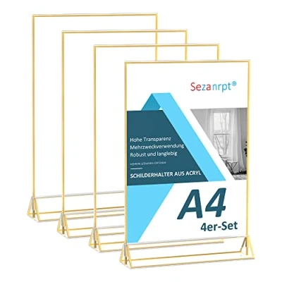 Afbeelding van Sezanrpt A4 Acryl tekenhouder met gouden bord, set van 4, bruiloft tafelnummers, displaystandaard, dubbelzijdig, heldere menuhouder voor tafelblad, restaurant, detailhandel, papierhouder, fotolijst