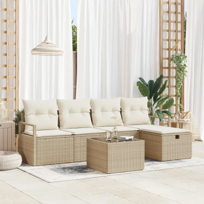 Afbeelding van vidaXL 6 delige tuinsofa set met kussens beige poly rattan, 2 zits rattan