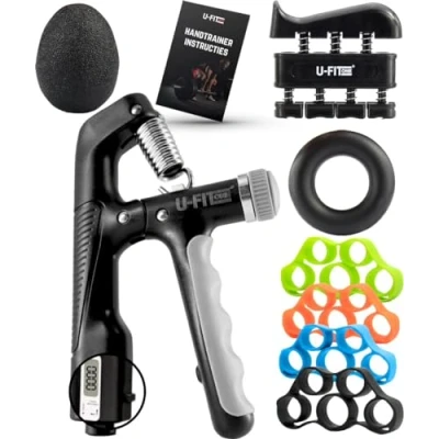 Afbeelding van U Fit One 8 Delige Digitale Handtrainer Set 10KG tot 100KG Verstelbare Teller Handgrip Handknijper Knijphalter Stressbal Vingertrainer Onderarm Trainer Inclusief E Book