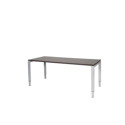 Afbeelding van Domino bureau, hoogte instelbaar (62 85cm) met 180x90cm &#039;zwevend&#039; logan eiken 25mm blad en aluminium (RAL9006) N poot frame