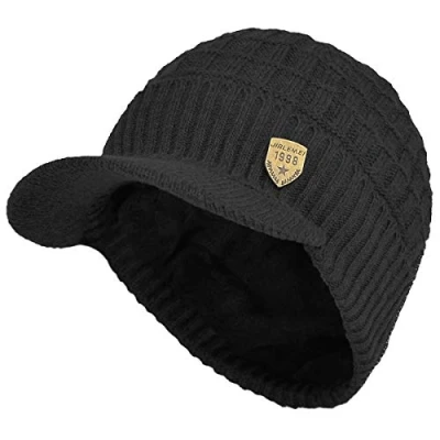 Afbeelding van Yixda Heren wintermuts met klep warm gebreide beanie cap fleece voering, zwart, One size