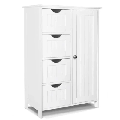 Afbeelding van VOUNOT badkamermeubel, zijkast met 4 laden, kastdeur &amp; verstelbare planken voor badkamer woonkamer keuken slaapkamer 30x55x82cm Wit