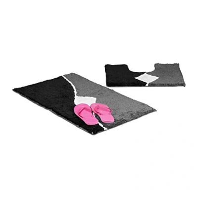 Afbeelding van Relaxdays badmat set met toiletmat, voor vloerverwarming, wasbaar, patroon, badkamer, wc mat, 80 x 50 cm, grijs