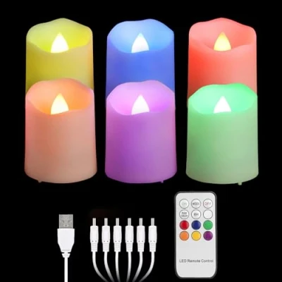 Afbeelding van FREEPOWER 6 oplaadbare led theelichtjes RGB met timer afstandsbediening flikkeren dimbaar elektrische kaarsen USB kabel, decoratie voor Kerstmis Halloween familie, Ø 4 x 4,5 cm