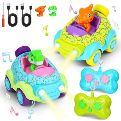 Afbeelding van Azyvum 2 stuks op afstand bestuurde auto voor kinderen, set van dinosaurussen, speelgoed, auto, dino, RC speelgoed kinderen met lichten en muziek, dino