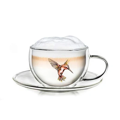 Afbeelding van Creano Thermo kop dubbelwandige thee/latte macchiato cappuccino kolibrie met schotel 250 ml, rood
