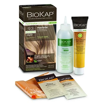 Afbeelding van BIOKAP RAPID Permanente haarkleur 9.3, extra licht goudblond, slechts 10 minuten inwerktijd, biologische arganolie, TricoRepair complex, veganistisch, optimale grijsdekking, tot 80% natuurlijke