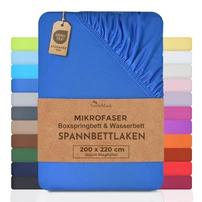 Afbeelding van NatureMark Microvezel hoeslaken voor boxspringbed en waterbed, 200 x 220 cm, 40 cm matrashoogte, 100% polyester, koningsblauw