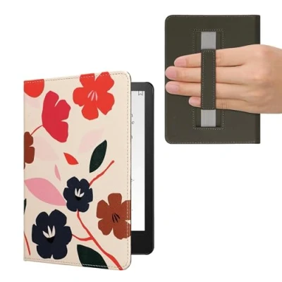 Afbeelding van kwmobile flip cover geschikt voor Amazon Kindle Paperwhite 11. Generation 2021 Case met magnetische sluiting Hoes e reader in roze / donkerblauw crème Bonte bloemen design