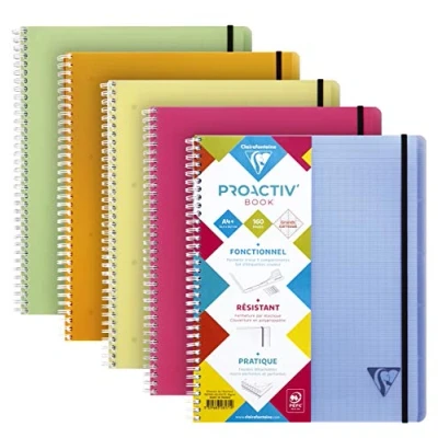 Afbeelding van Clairefontaine 328171C Set van 5 Linicolor Proactiv&#039;Book schriften A4+ 22,5x29,7 160 geperforeerde 4 gaten, grote ruiten pagina&#039;s 90g wit pappier Transparante polypropyleen kaft Willekeurige kleuren