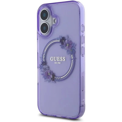 Afbeelding van Guess GUHMP16SHFWFCU iPhone 16 6.1&quot; paars/paars hardcase IML Flowers Wreath MagSafe