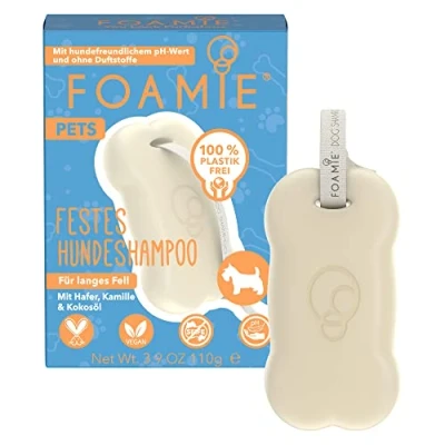 Afbeelding van Foamie Furbulous Hondenshampoo voor lange vacht, verzorgingsshampoo honden met kamille extract, haver en kokosolie een glanzende vacht betere kambaarheid, 100% veganistisch, kunststofvrij, 110 g