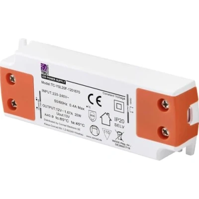 Afbeelding van TRU COMPONENTS TC YSL20F 1201670 LED transformator Constante spanning 20 W 1.67 A 12 V/DC Geschikt voor meubels, Oversp