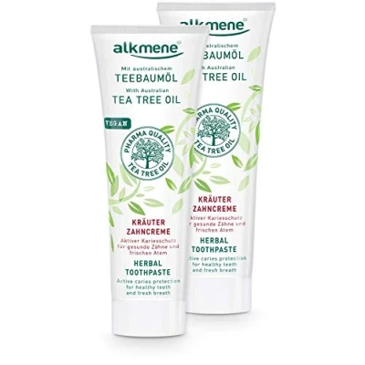 Afbeelding van alkmene Mijn theeboomolie cariësbescherming tandpasta kruiden 2x 100 ml met 6 voudige bescherming natuurlijke theeboomolie, veganistisch en klimaatneutraal fluoride voor sterke tanden gezond tandvlees