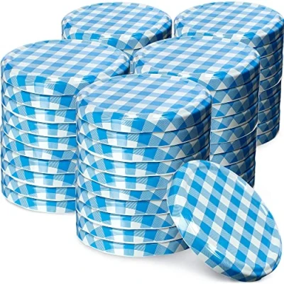 Afbeelding van KADAX Schroefdeksel met diameter van 82 mm, metalen twist off deksel, reservedeksel voor inmaakpotten en weckpotten, deksel 6 inkepingen (50 stuks, blauw geruit)