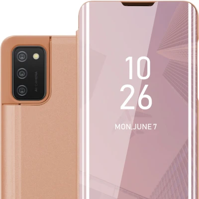 Afbeelding van Cadorabo Hoesje geschikt voor Samsung Galaxy A02s in KUNZIET ROZE Clear View Spiegel Beschermende Case met Tribunefunctie 360 Graden Bescherming Book Cover Etui